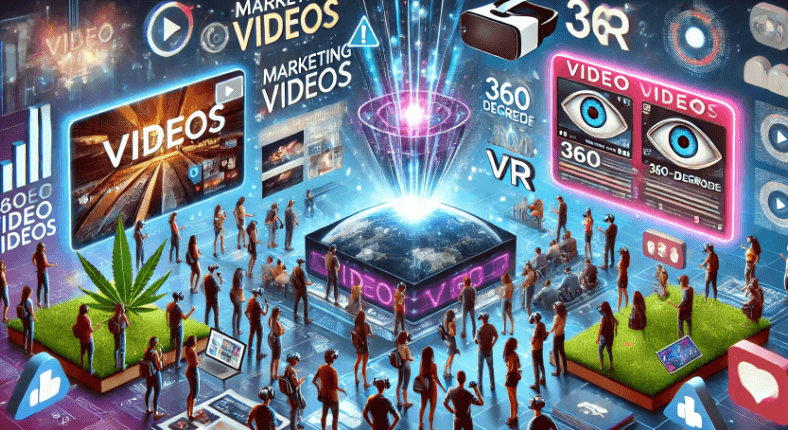 광고, 사용법, 360도 VR 등 다양한 유형의 마케팅 영상들이 잠재 고객들의 시선을 강력하게 끌어당기는 모습을 표현한 일러스트