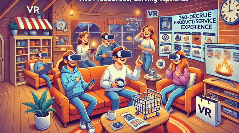 360도 VR 마케팅 영상을 통해 집에서도 생생한 제품/서비스 체험을 하며 즐거워하는 고객들의 모습을 표현한 일러스트